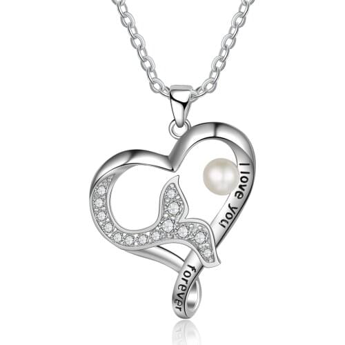 JewelOra New Silver Color "I love You Forever" Heart Pendant Zirconia Paved Mermaid Necklaces for Women Wedding Jewelry