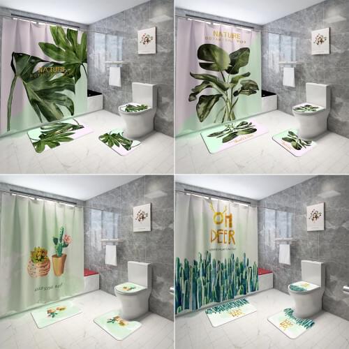 Green Leaves Printing Shower Curtains Cactus Plant Bathroom Curtain Set Nature Theme Toilet Cover Mat Non-Slip Rugs Home Decor