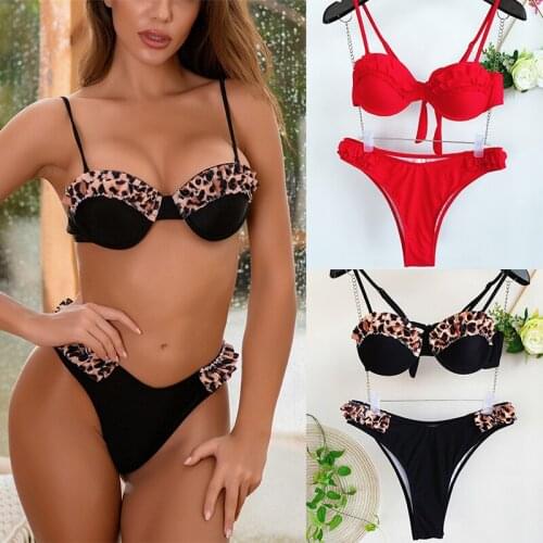 Sexy Ruffle Leopard Push Up Bikinis Female Mid Waist Swimsuit Women Swimwear 2-piece Bikini set With Bra Cup Bather Bathing Suit