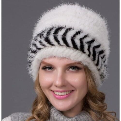 Real Mink Fur Hat Female Autumn and Winter Knitted Hooded Hat Genuine Fur Ball New Fashion Best Selling No-Brimmed Hat BZ-12