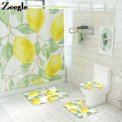 Printing Bath Mat and Shower Curtain Set Lemon Pattern Absorbent Bathroom Carpet Non-slip Shower Foot Mat Bathroom Floor Rugs