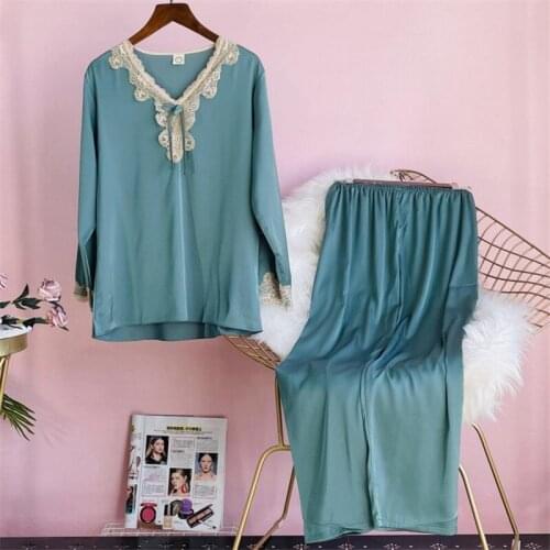 Women Sexy Pyjama Long Sleeve Pullover Pants Big Size Homewear Sleepwear 2 Piece/Set Korean Rayon Pajamas Set