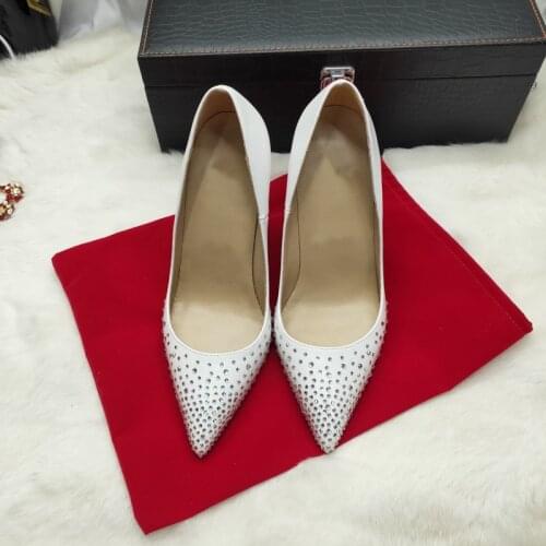 Extra Size 34-45 White Patent with Crystals Pointed Toe Classical Design Women Pumps Elegant Thin High Heels Dress Party Shoes