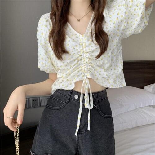 Aproms Sexy V Neck Ribbed Cropped T-shirt Women Drawstring Casual Slim Tie Up Ruched Tshirt Streetwear Slim Crop Top 2021 New