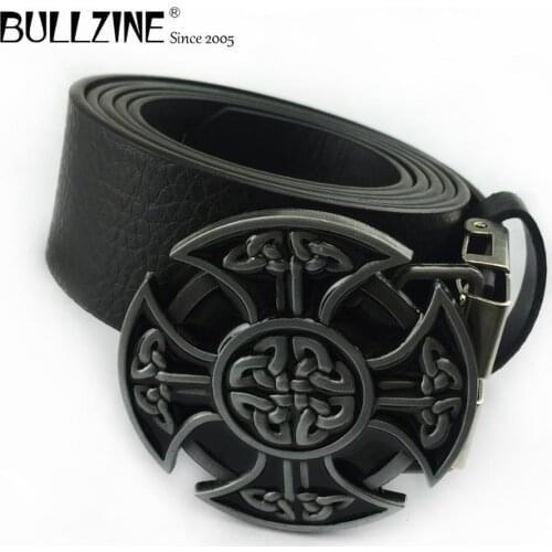 Bullzine zinc alloy celtic cross cowboy belt buckle pewter finish free PU belt with connecting clasp FP-02155 drop shipping