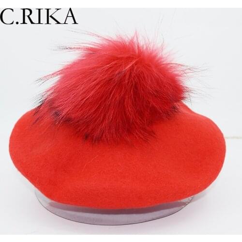 Autumn Winter Kids Warm Wool Berets with Natural Raccoon Fur Pompom Ball Girls Beret Hats Winter Hat for Women Lady Painter Hat
