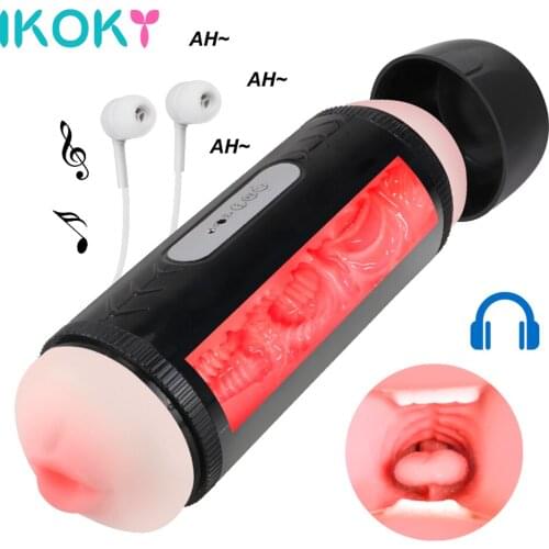 IKOKY Male Masturbation Cup Voice Interaction Real Vagina for Men Deep Throat Pussy Mouth Dual Head Male Masturbator Vibrator