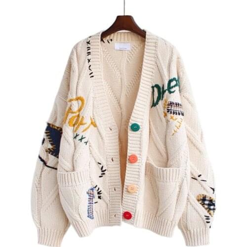 2021 Autumn Winter Women Cardigan Warm Knitted Sweater Jacket Pocket Embroidery Fashion Knit Cardigans Coat Lady Loose Sweaters