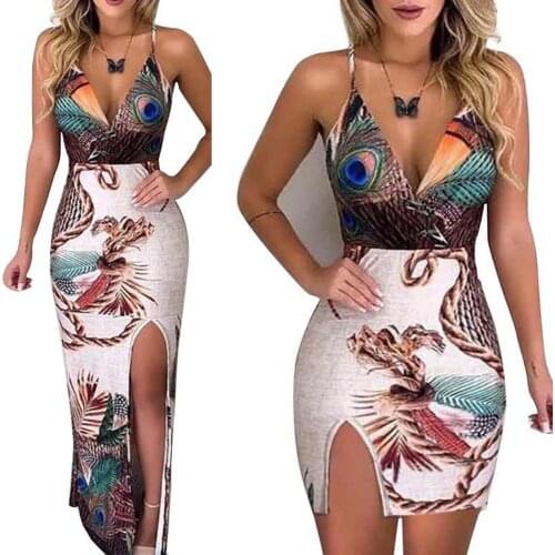 Summer Elegant Women Sling V Neck Peacock Feather Print Split Pencil Dress Female Bodycon Mini Short Vestidos Beach Sundress