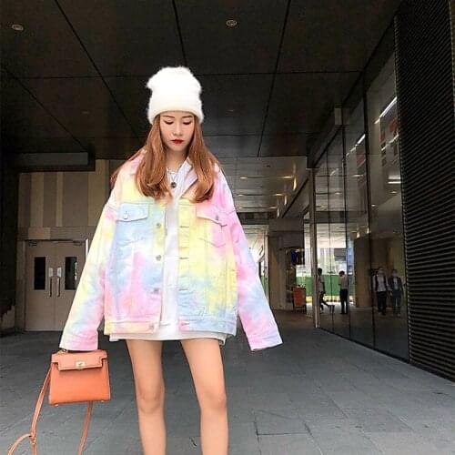 Wenfly Women Hot Sale Clothes Korean Rainbow Clothes Color Tie Dye Denim Jacket Loose Casual Vintage Outerwear Streetwear