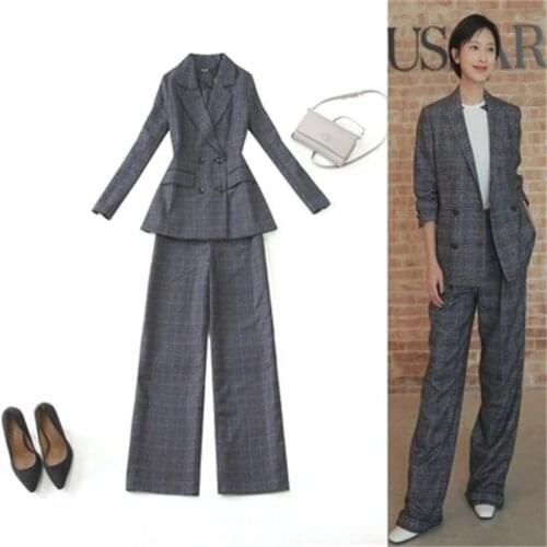 Fashion plaid suit suit female spring New Plaid Slim double-breasted suit + wide leg pants imitation wool thick suit Women