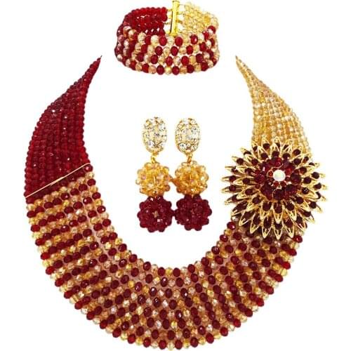 Fashion Wine and Gold AB Nigerian Wedding African Beads Jewelry Set Crystal Beaded Necklace Sets 8JBK15