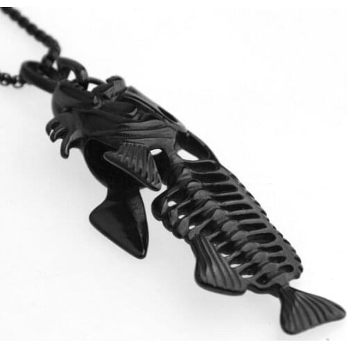 Punk Mens Rolo Chain Black tone Hollow Fish Bone Pendant Stainless Steel Box Necklace 24