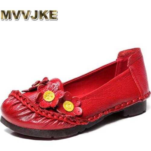 MVVJKE Genuine Leather Flat Shoes Real Leather Handmade Flats Loafers Female Solid Comfortable Casual Flower Women Shoes E015