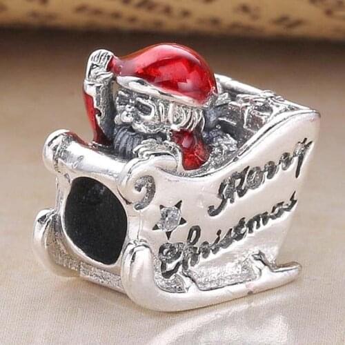 Original Red Enamel Sleighing Santa Merry Christmas Beads Fit 925 Sterling Silver Bead Charm Europe Bracelet Bangle DIY Jewelry