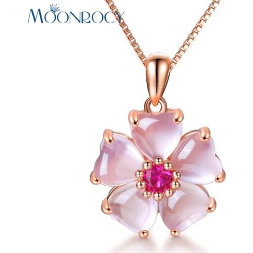 MOONROCY Rose Gold Color Pink Opal Necklace CZ Pendant Choker Flower Ross Quartz for Women Girls Gift Drop Shipping Necklaces