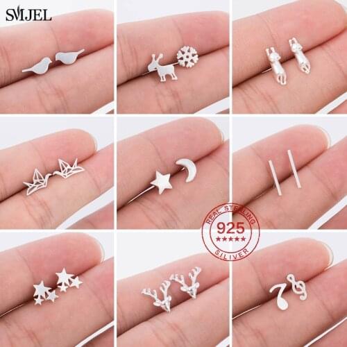 Real 925 Sterling Silver Animal Earrings for Women Minimalist Tiny Star Cat Bar Music Stud Earrings Child Best Gift allergy free