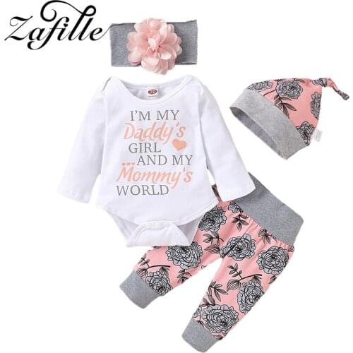 ZAFILLE Winter Baby Girl Clothes Set Letter “Mommy Daddy” Letter Bodysuit Baby Romper+Pants+Hat+Headband Clothes For Newborns