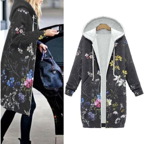 Womens Warm Hoodie Hooded Long-sleeved Zipper Flower Printed Cotton Blended Long Winter Plus Velvet Warm Cardigan Long Coat
