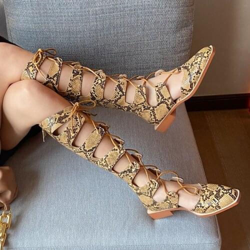 2021 Summer Rome Style Cross Tied Women Sandals Square Heels Knee High Women Boots Back Zipper Fashion Women Shoes All Match