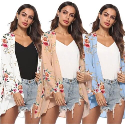 New Floral Print Cardigans Women Summer Blouse 2021 Casual Long Sleeve Kimono Female Plus Size Beach Boho Tops Cover Up Outfits