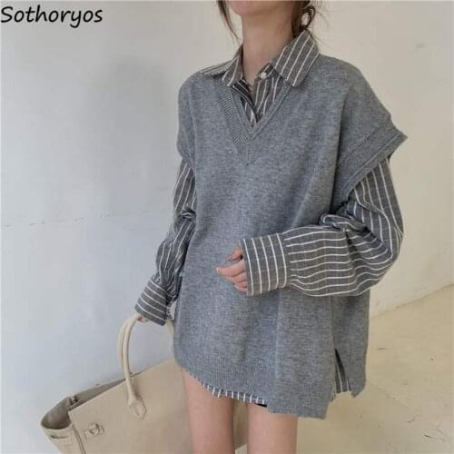 Women Solid Sweater Vests V-neck Harajuku Oversize Bf Style Streetwear Hipsters Fashionable Jumpers Chic College Leisure Teens