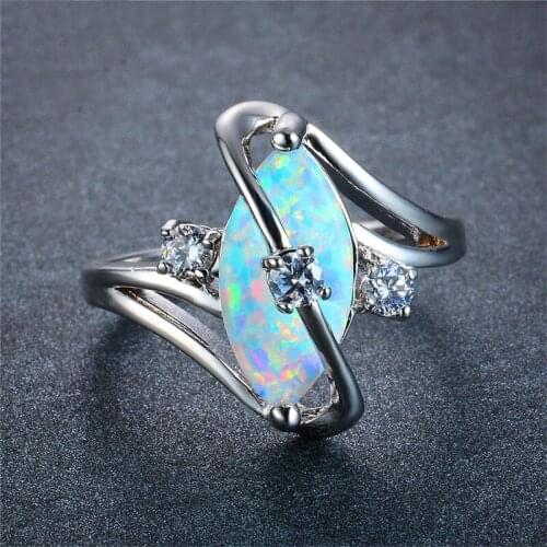 Boho Female Blue White Fire Opal Stone Ring Vintage Silver Color Wedding Rings For Women Promise Unique Love Engagement Ring