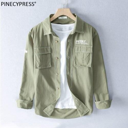 100% Cotton Anti-static Man Casual Shirt Quality Spring Autumn Male Pockets Patchwork Green Tooling Full Long Sleeve Men Shirts