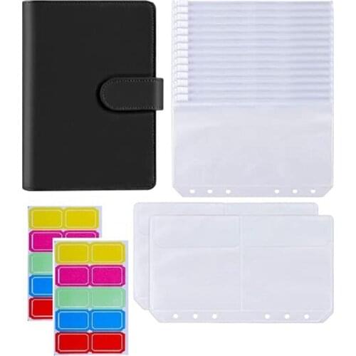 18Pcs A6 PU Leather Binder Cover with 6 Ring Binder Pockets Envelopes for Cash Budget System Documents Cards