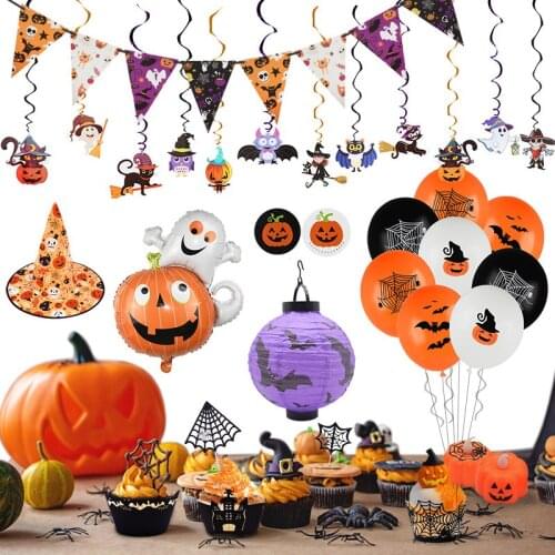 2020 Halloween Decoration for Home Pumpkin Foil Balloons Paper Garland Bat Cake Toppers Wizard Hat for Halloween Party Supplies
