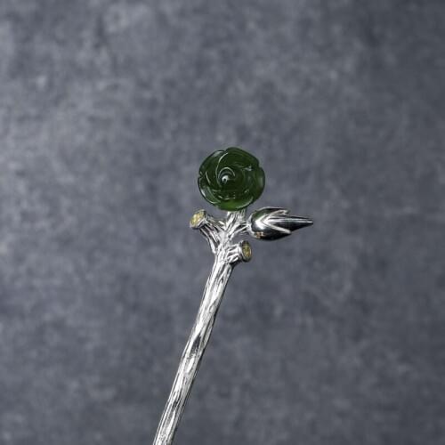925 Sterling Silver Chinese Hair Stick Jasper Rose Flower Hairpin Luxury Jewelry Handmade Women Accessories