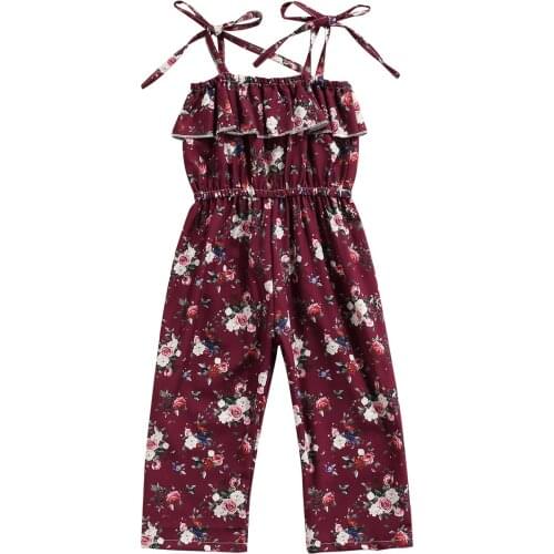 Children Floral Print Tie-up Romper, Girls Sleeveless High Waist Long Sling Jumpsuit with Ruffles 1-6T