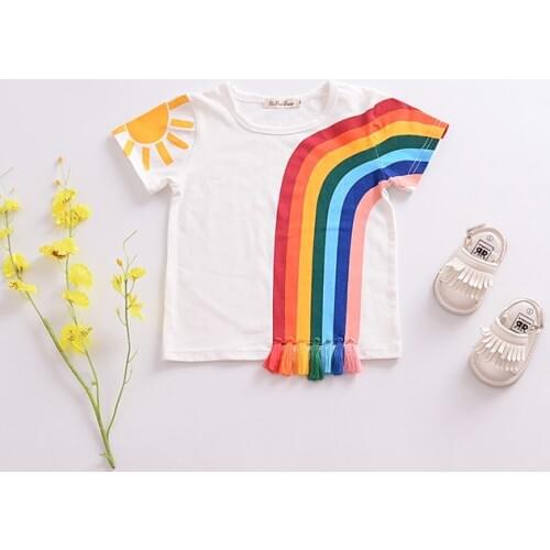 1-6Y Infant Kids Baby Girls T Shirts Casual Rainbow Print Short Sleeve Tassel Patchwork Cotton T-shirt Tops
