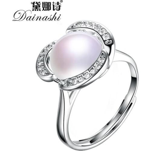 Dainashi 100% Genuine Freshwater Cultured Pearl Ring Fashion Design 925 Sterling Silver Crystal Zircon Flower Ring Fine Jewelry