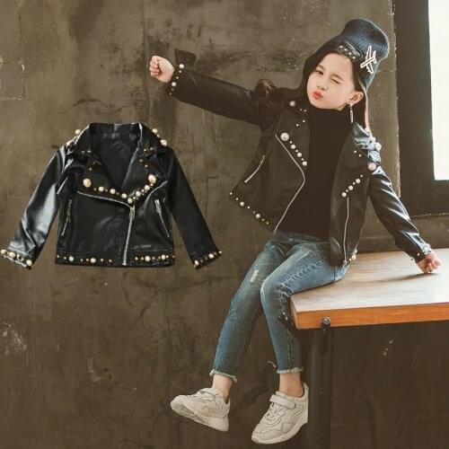 2-7 year old girl PU jacket fashion lapel pearl rivet leather autumn and winter coat jacket