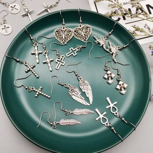 Fashion Women Cross heart Feather Earrings Fashion Punk Dinosaur Wing Drop Dangle Earrings Jewelry