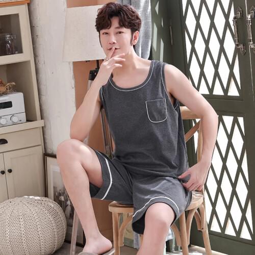 Men Sleepwear Pure Cotton Letter Cartoon Printing Summer Short Pajamas Sleevesless Cool Pijama Mans Cotton Pyjamas Pajama Sets