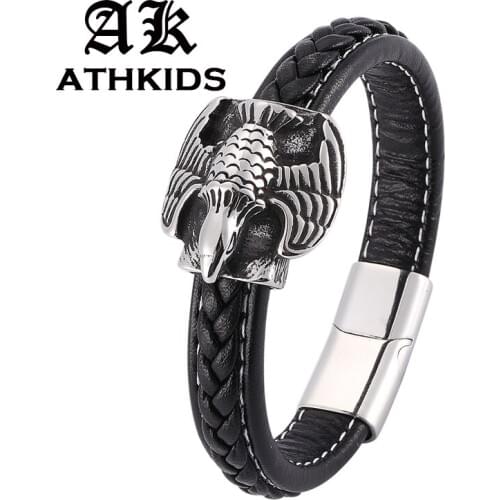 Men Jewelry Black Leather Bracelets Eagle Stainless Steel Magnetic Buckle Punk Bracelets & Bangles Gifts PD0189