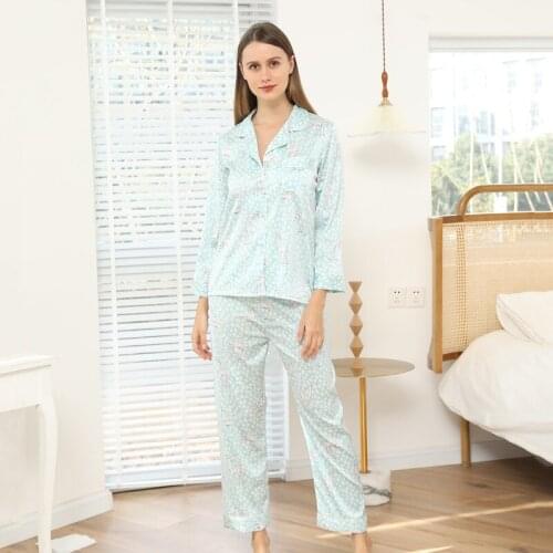 Spring New Women Pajamas Sleepwear Casual Nightwear Print 2 Piece Sleep Set Faux Silk Lounge Wear Lingerie Full Sleeve Homewear
