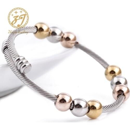 Zhijia New Trendy Rose Gold/Gold/Silver Color beads Open Bangles Classic Stainless Steel Cubic Zirconia Cuff Bracelets Armband