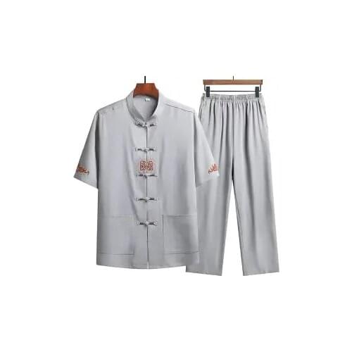 Summer Tang middle aged and old mens wear Chinese style cotton hemp thin short sleeve trousers two piece set