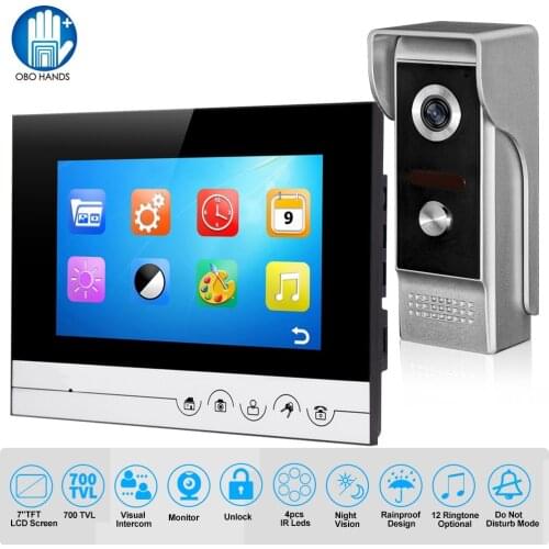 Wired Video Intercom 7 inch Waterproof Video Doorbell Door Phone Infrared Night Vision 12 Ringtones for Home Door Entry System