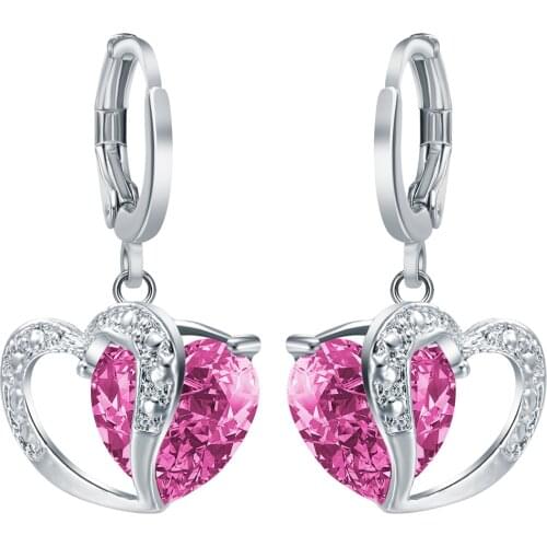 Hainon Cheap Silver Color Love Hoop Earring for Women Hot Sale Fashion Pink CZ Heart Jewelry Large Size Lovely Earring Gift
