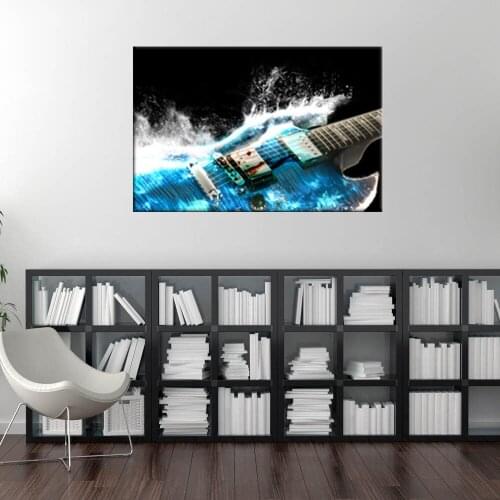 Modern Artwork Guitar In Blue And Waves Wall Art Picture For Home Decor Painting Print On Canvas Music Office Decoration Gift