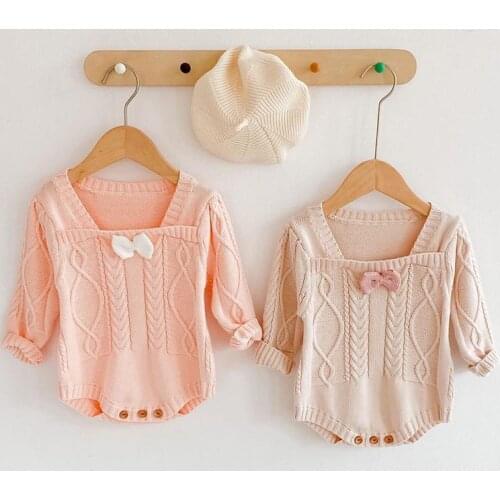 Spring Baby Girls Clothing Newborn Infant Girls Knitted Bodysuit Long Sleeve Solid Bow Ruffled Jumpsuit Outfit