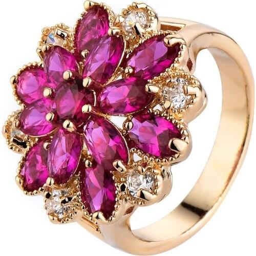 Top Quality Crystal Snowflake CZ Retro Ring Gold Color Jewelry Rose red Austrian Crystals Full Sizes Wholesale drop ship