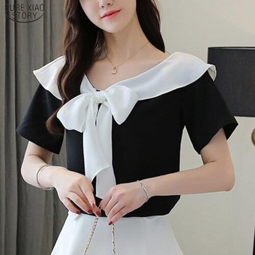 2021 Summer Short Sleeve Women Shirts Office Lady Solid Chiffon Women Blouse and Tops V Neck Lace Up Female Clothing 14202