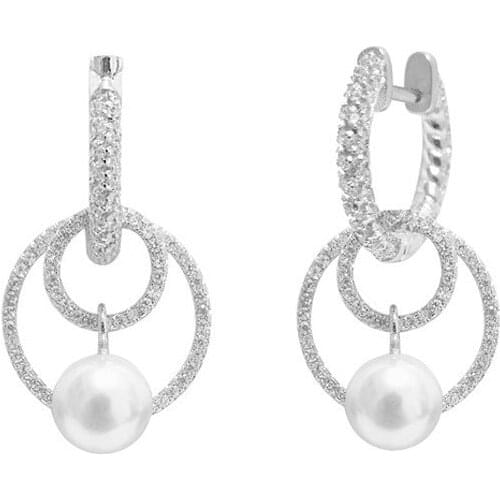 New Fashion Women Round Pearl Wedding Earrings Korean Pendientes Micro Zirconia Cz Stone Pearls Earring Brincos Zk30