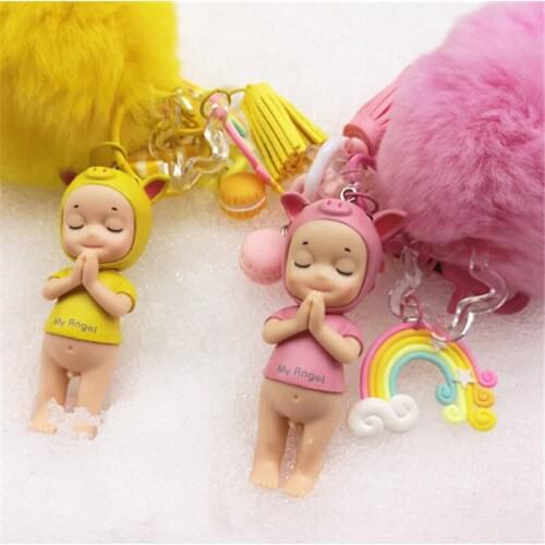 Handmade Pig Keychain Women Pendant Cute Cartoon Angel Doll Praying Creative Gift Car Keychain Keyring Hair Ball Pompom Couple