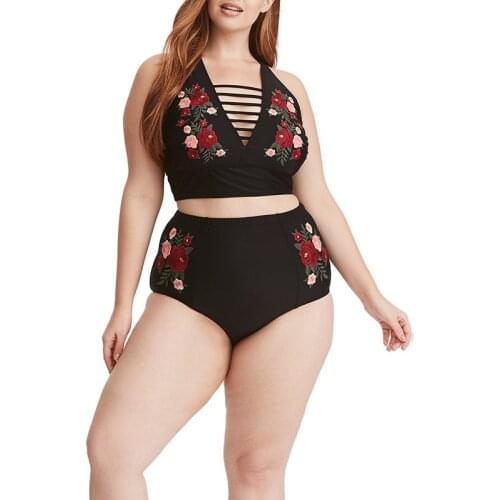 Floral Embroidered Swimwear Plus Size Ladies Sexy Hollow Out Swimsuit High Waist Female Beach Swimming Bikini Sets